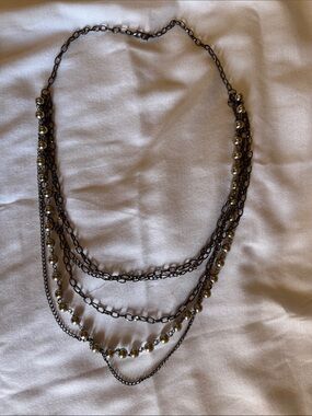 Layered Dark Metal Necklace with Gold Bead Accents - Women Jewelry